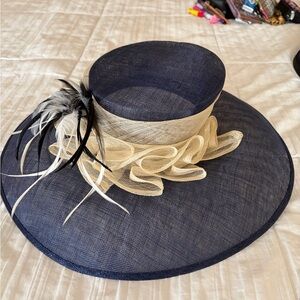 Elegant Navy and Cream Women's Hat with Feather Accent